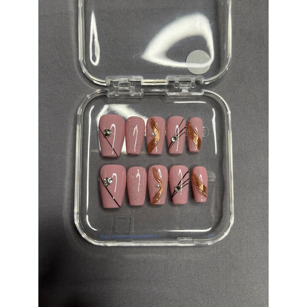 Pink Press On Nails with Gold Details and Rhinestone Accent Handmade
